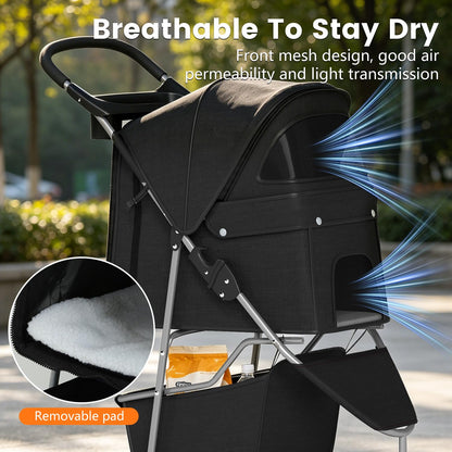 Pet Stroller for Dogs & Cats, 3 Wheel Foldable with Storage Basket