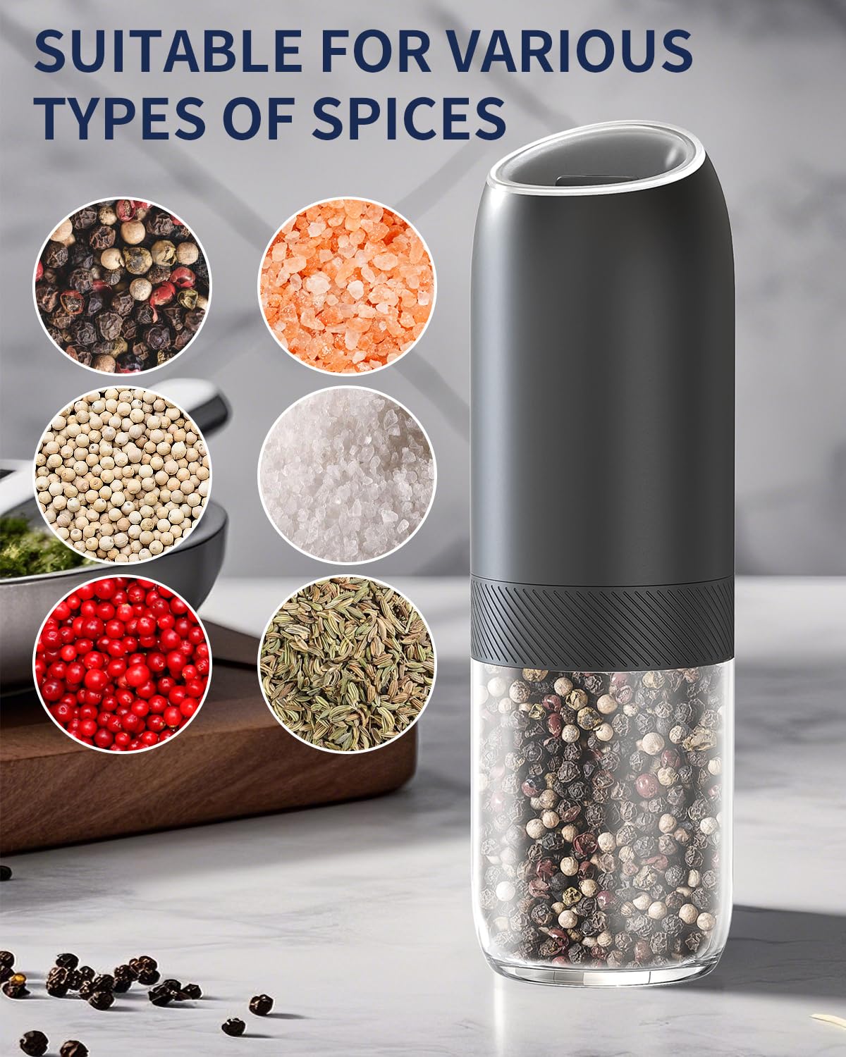 CIRCLE JOY Rechargeable Salt and Pepper Grinder Set Gravity Electric Salt and Pepper Grinder Set, LED Light, Adjustable Coarseness, for Home Kitchen BBQ, Black & White