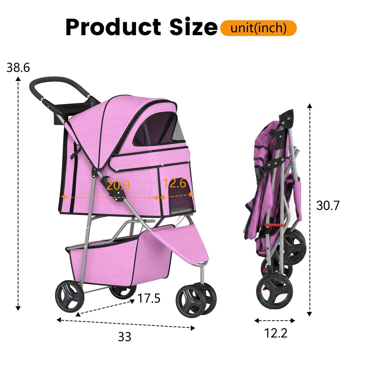 BestPet | 3-Wheel Pet Stroller | Dog and Cat Stroller | Breathable Mesh | Lightweight Travel Carrier | Waterproof & Foldable Design | Storage Basket | Black | for Daily Walks & Outdoor Use