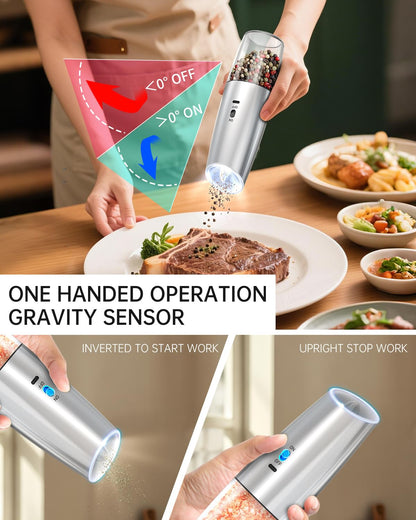 Electric Salt and Pepper Grinder Set, Gravity Rechargeable with LED