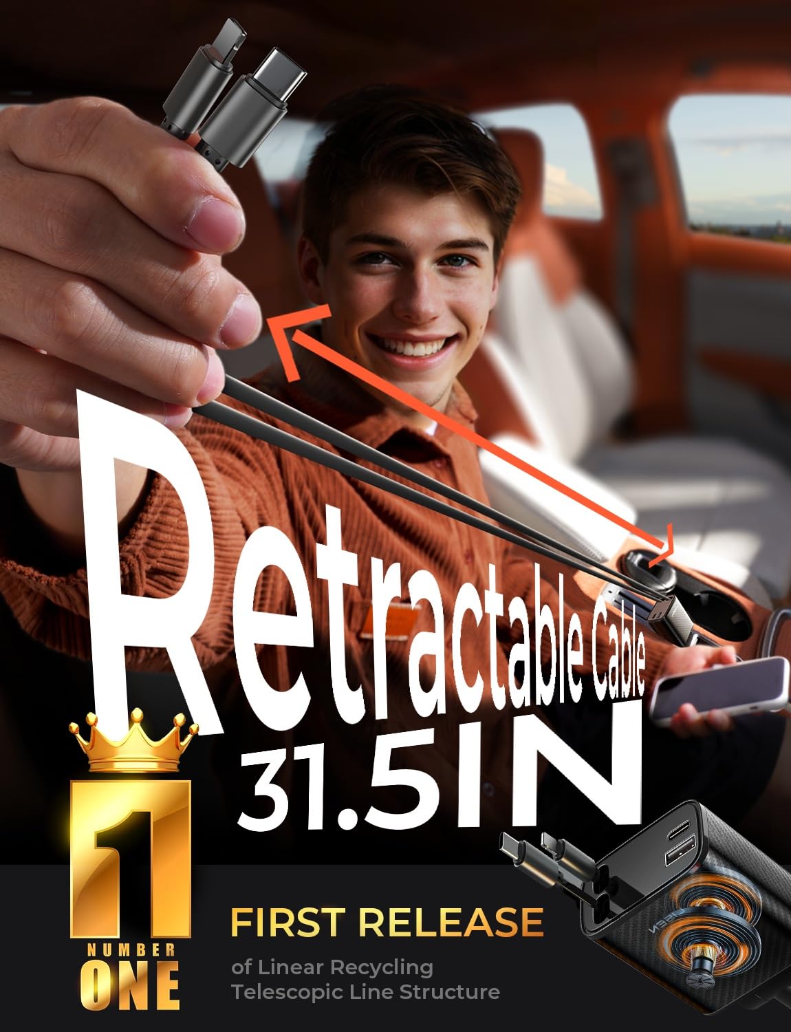 LISEN Retractable Car Charger, 84W Car Charger USB C Fast Charge,4 in 1