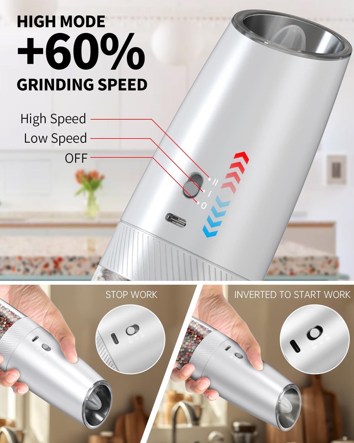 Electric Salt and Pepper Grinder Set, Gravity Rechargeable with LED