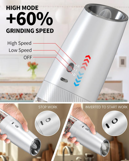 Electric Salt and Pepper Grinder Set, Gravity Rechargeable with LED