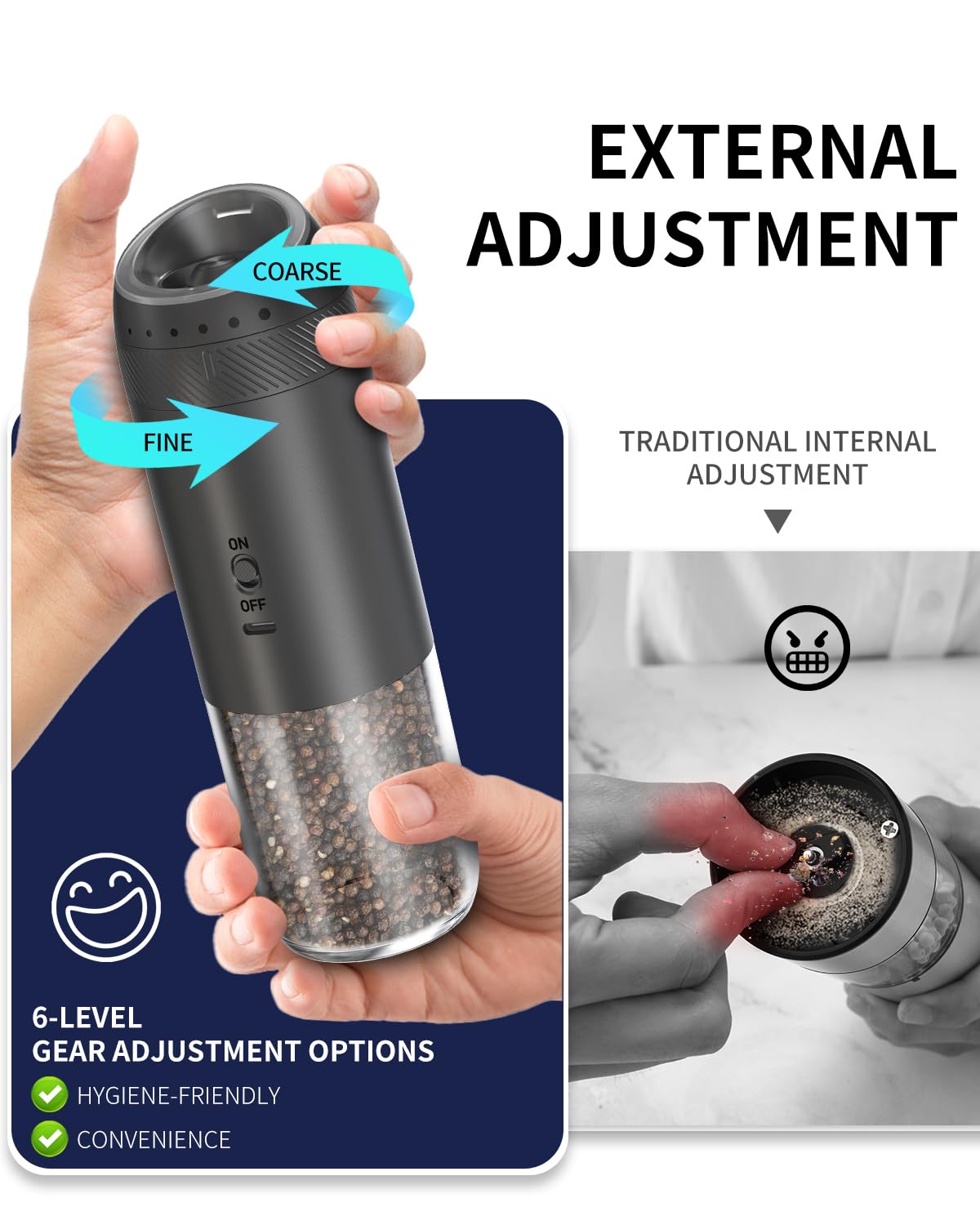 CIRCLE JOY Rechargeable Salt and Pepper Grinder Set Gravity Electric Salt and Pepper Grinder Set, LED Light, Adjustable Coarseness, for Home Kitchen BBQ, Black & White