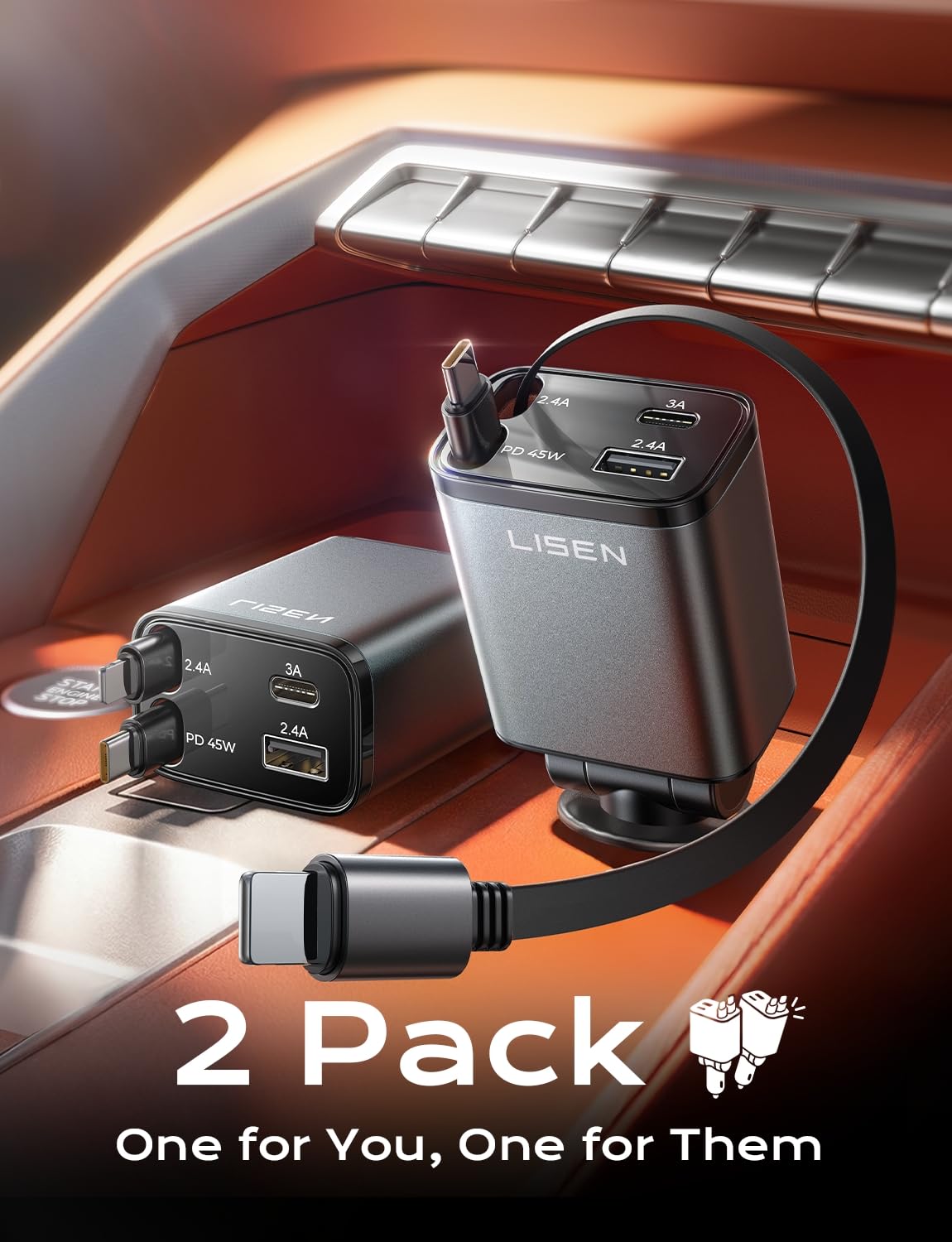 LISEN Retractable Car Charger, 84W Car Charger USB C Fast Charge,4 in 1