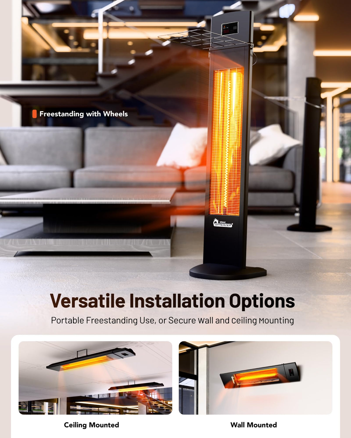 DR. INFRARED HEATER Portable Infrared Indoor and Outdoor Space Heater for Patio, Garage, Commercial & Residential With Remote Control, With Thermostat, Black