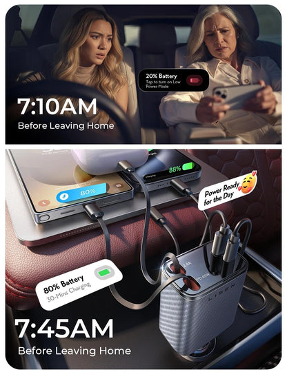 LISEN Retractable Car Charger, 84W Car Charger USB C Fast Charge,4 in 1