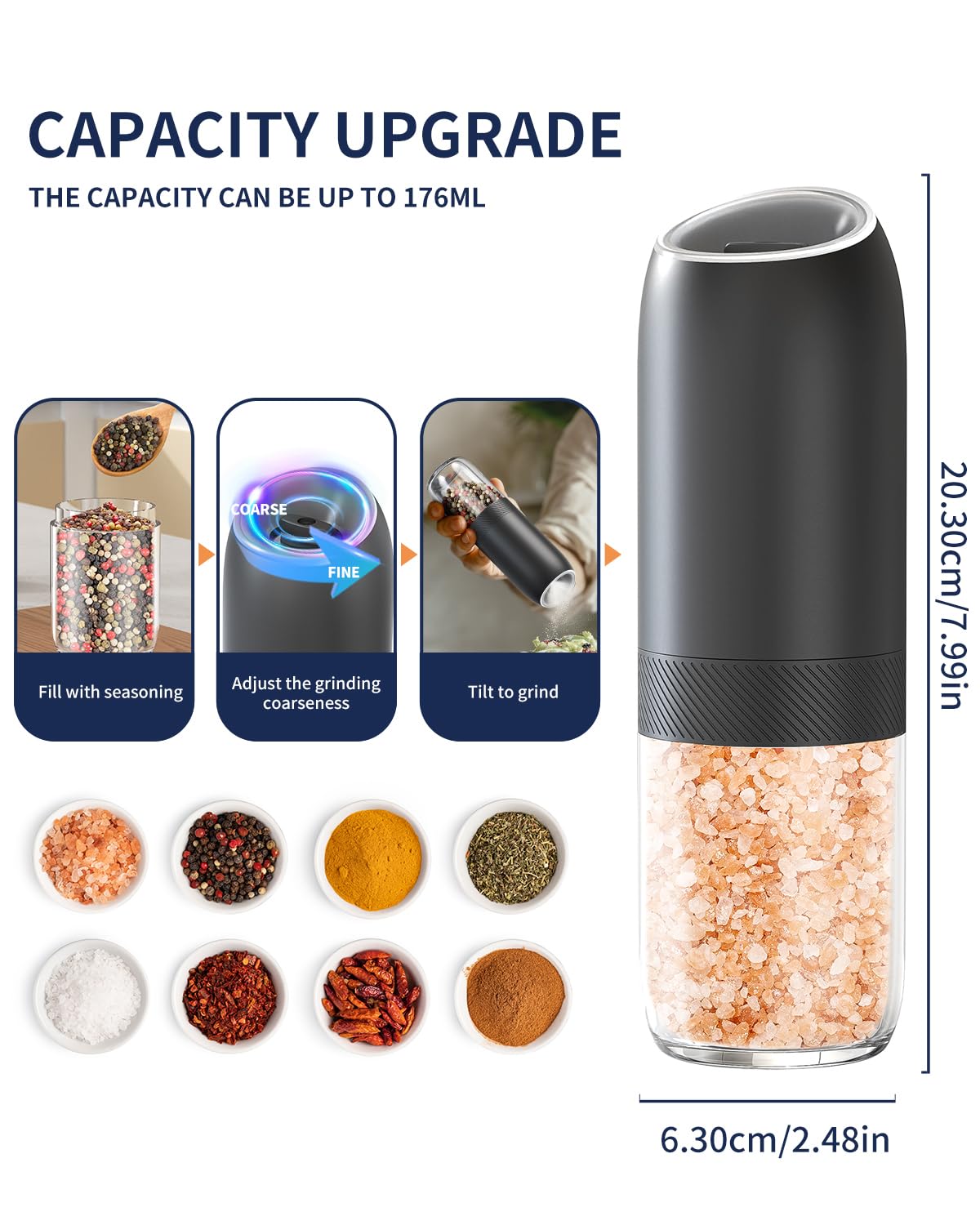 CIRCLE JOY Rechargeable Salt and Pepper Grinder Set Gravity Electric Salt and Pepper Grinder Set, LED Light, Adjustable Coarseness, for Home Kitchen BBQ, Black & White