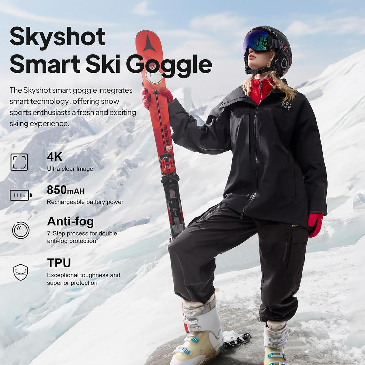OhO sunshine Smart Ski Goggles, 4K WiFi Camera Snowboard Goggles with UV Protection, Anti Fog(Men/Women)