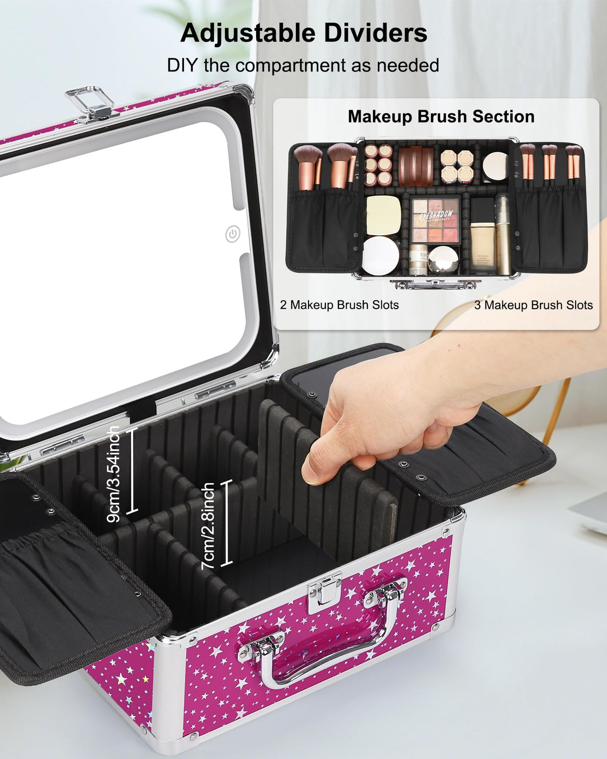 Makeup Train Case with LED Mirror, Rechargeable Travel Makeup Bag