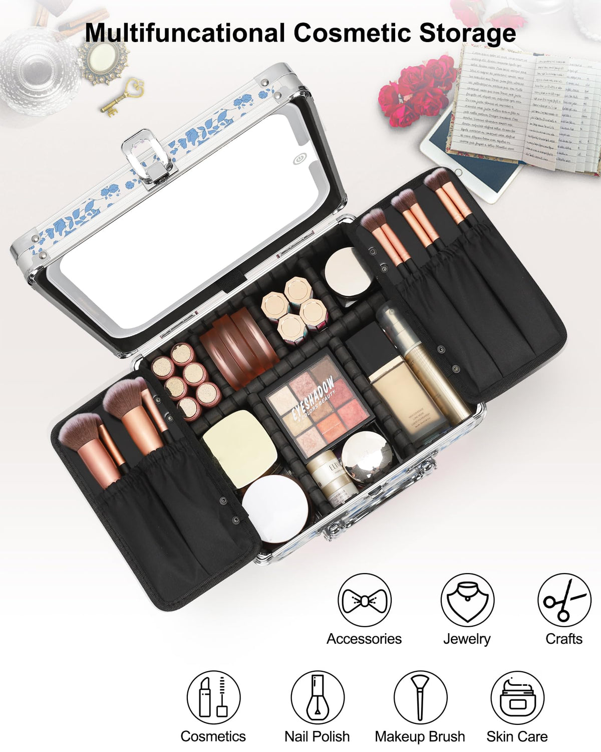 Relavel Makeup Bag with LED Mirror, Makeup Box Travel Train Case with Rechargeable Lighted Mirror & Adjustable Dividers, Cosmetic Brush Organizer Storage for Makeup Artists Gifts for Women and Girls
