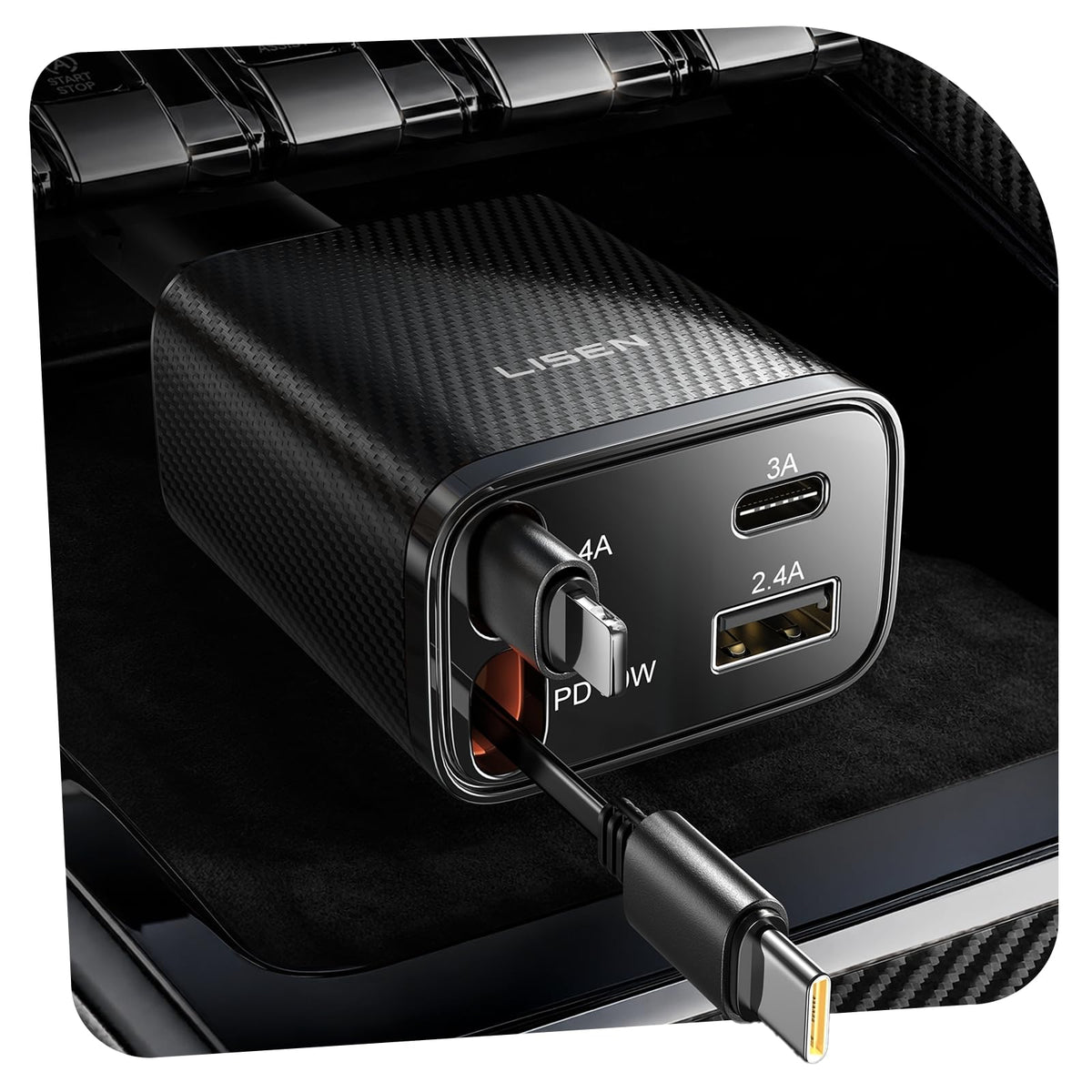LISEN Retractable Car Charger, 84W Car Charger USB C Fast Charge,4 in 1