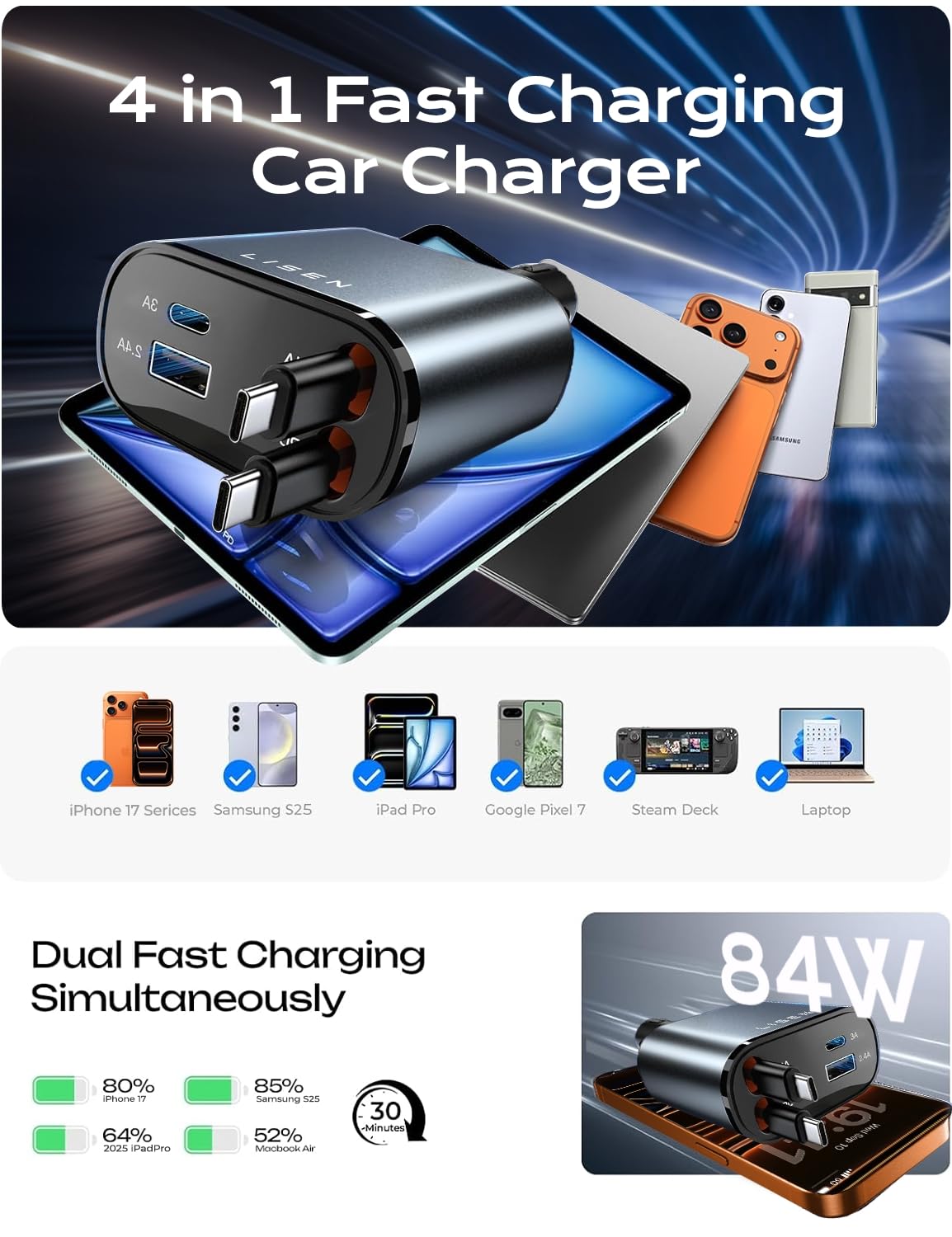 LISEN Retractable Car Charger, 84W Car Charger USB C Fast Charge,4 in 1