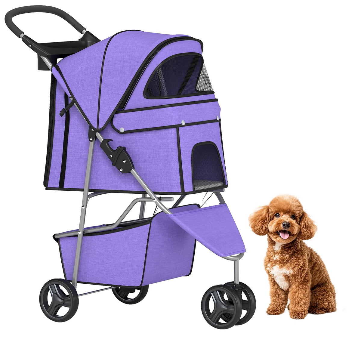 BestPet | 3-Wheel Pet Stroller | Dog and Cat Stroller | Breathable Mesh | Lightweight Travel Carrier | Waterproof & Foldable Design | Storage Basket | Black | for Daily Walks & Outdoor Use
