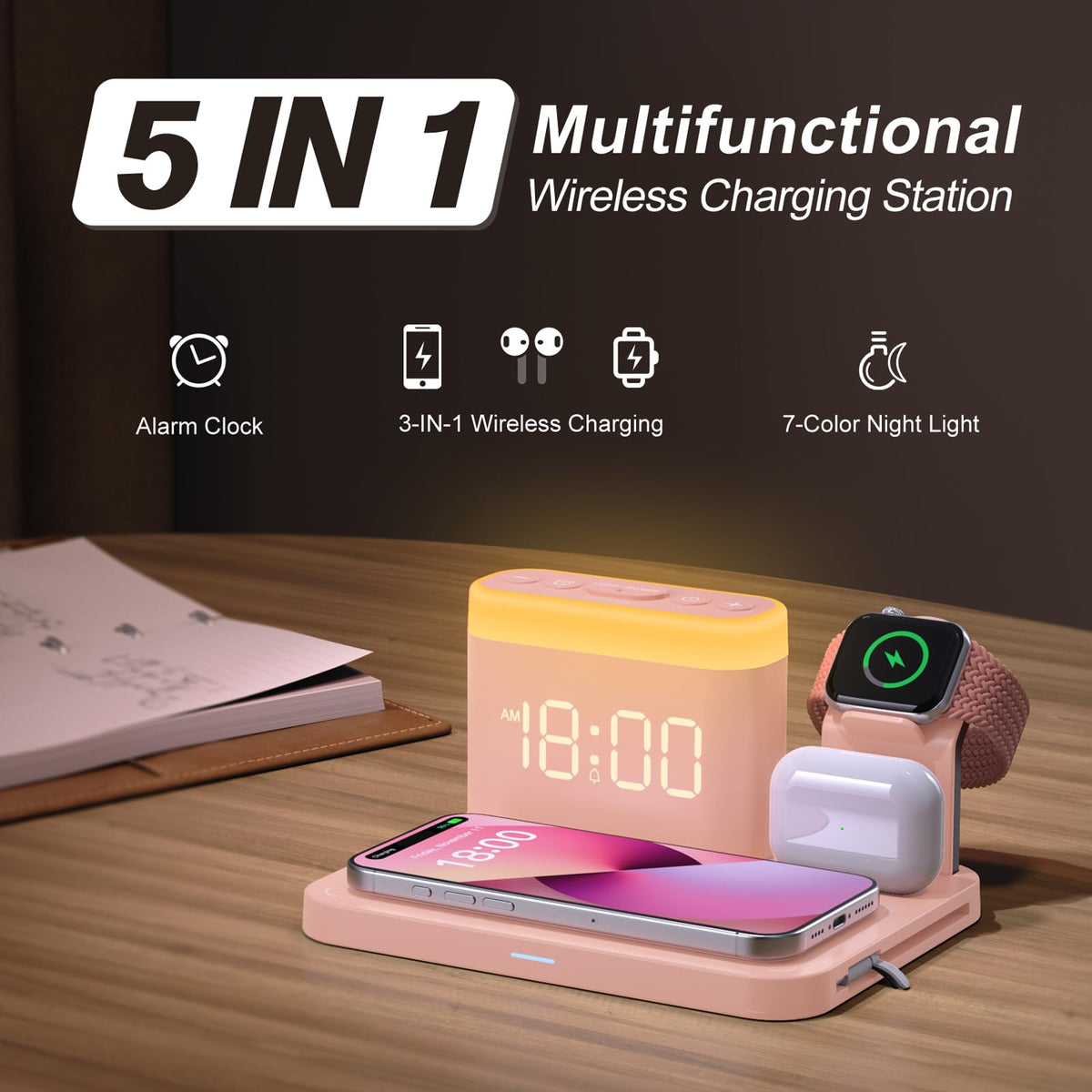 5 in 1 Wireless Charging Station with Alarm Clock & Night Light