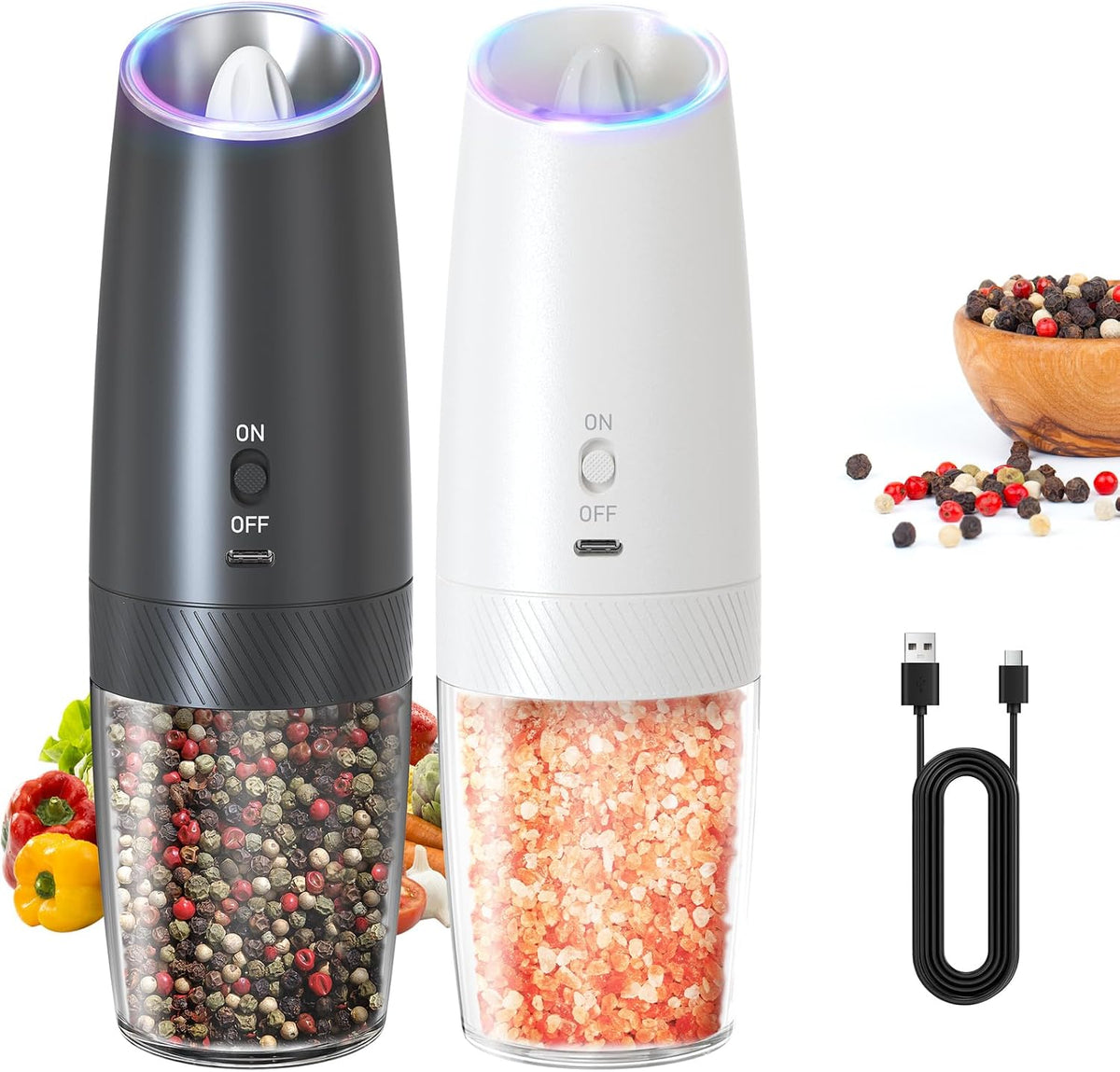 Electric Salt and Pepper Grinder Set, Gravity Rechargeable with LED