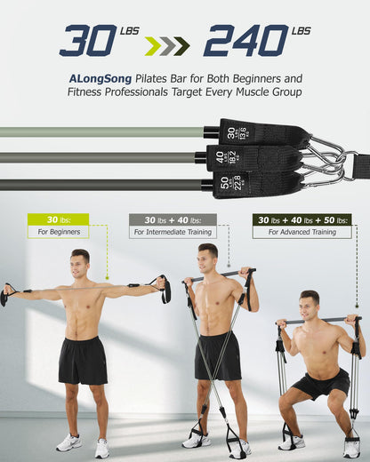 Upgraded Pilates Bar Kit with Resistance Bands Natural Latex for Women & Men, Heavy-Duty Stainless Steel Multifunctional Yoga Pilates Stick for Home Gym Exercise Fitness Equipment Full-Body Workouts