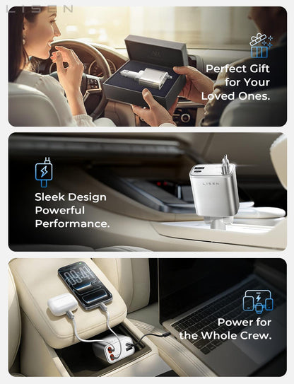 LISEN Retractable Car Charger, 84W Car Charger USB C Fast Charge,4 in 1