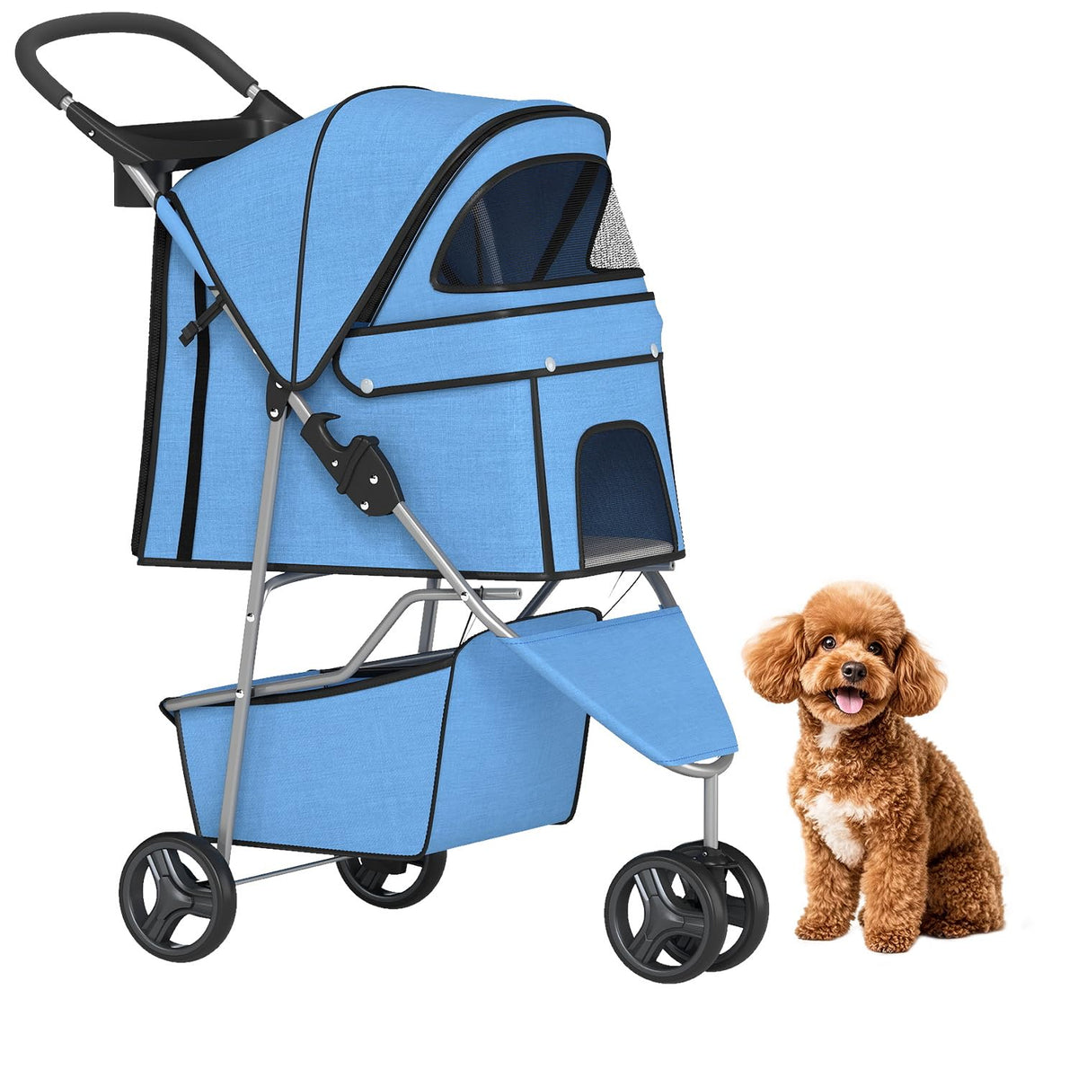 BestPet | 3-Wheel Pet Stroller | Dog and Cat Stroller | Breathable Mesh | Lightweight Travel Carrier | Waterproof & Foldable Design | Storage Basket | Black | for Daily Walks & Outdoor Use