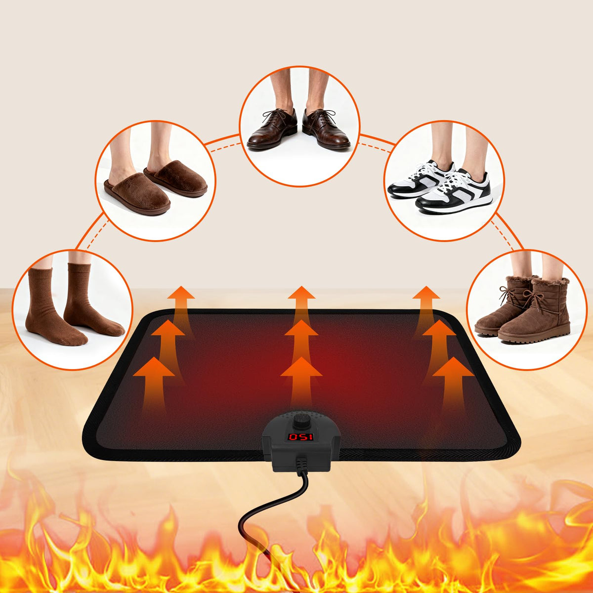 Heated Floor Mat Under Desk for Foot Warmer - Wider 110V Adjustable Temperature Electric Space Heaters Heating Pad - Carbon Crystal & Energy Saving Feet Warmers for Office,Home (Black Gray)