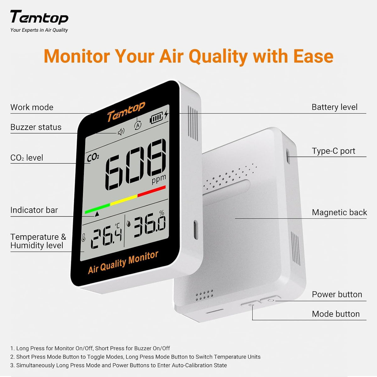 CO2 Monitor Indoor Air Quality Meter, Temperature & Humidity