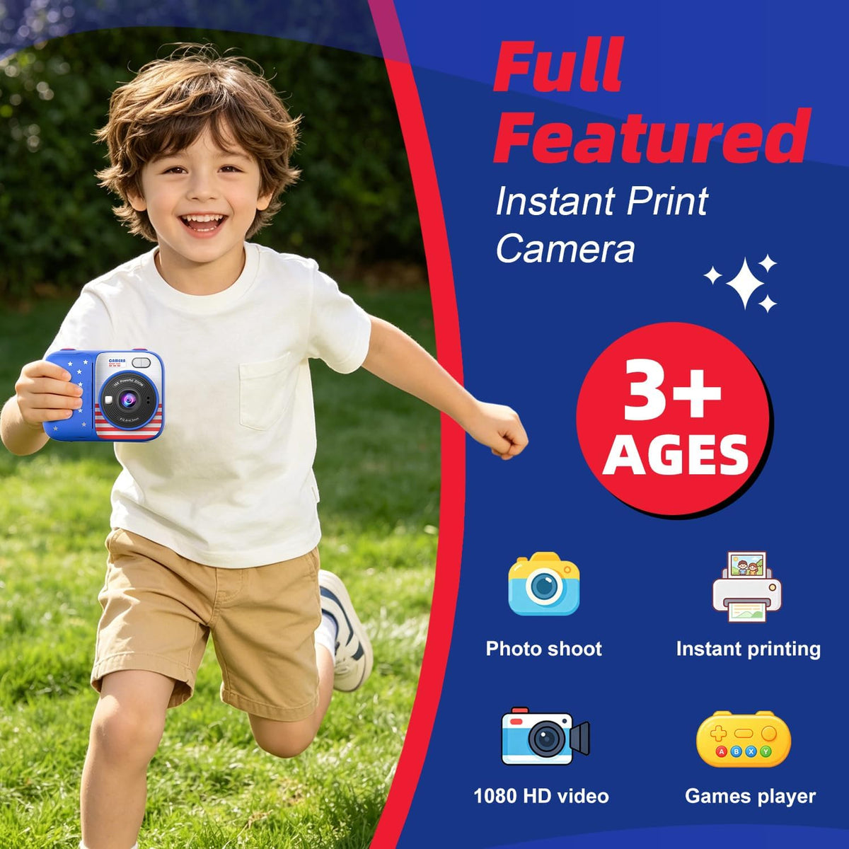 Kids Instant Print Camera with 5 Rolls Print Paper, 1080P HD Camera, Rechargeable Portable Toddler Selfie Camera, Christmas Birthday Gifts Toys for Boys Girls Age 3-12 (Red & Blue)