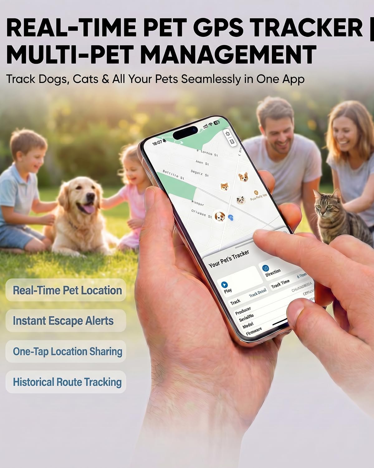 GPS Tracker for Dogs, Smart Dog Tracker with Real-Time Location, for Android and iPhone No Monthly Fee & No SIM Card- Pet Location Tracker with Holder, IP68 Waterproof, Indoor & Outdoor Pet Safety Use
