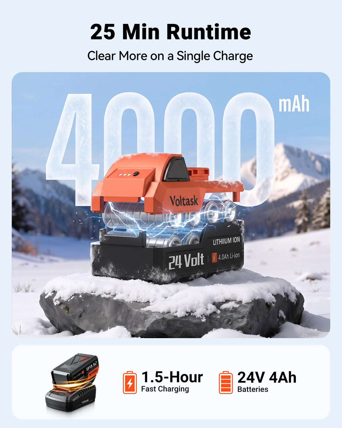 VOLTASK Cordless Snow Shovel, 24V | 13-Inch | 4-Ah Cordless Snow Blower, Battery Snow Blower with Directional Plate & Adjustable Front Handle (4-Ah Battery & Quick Charger Included)