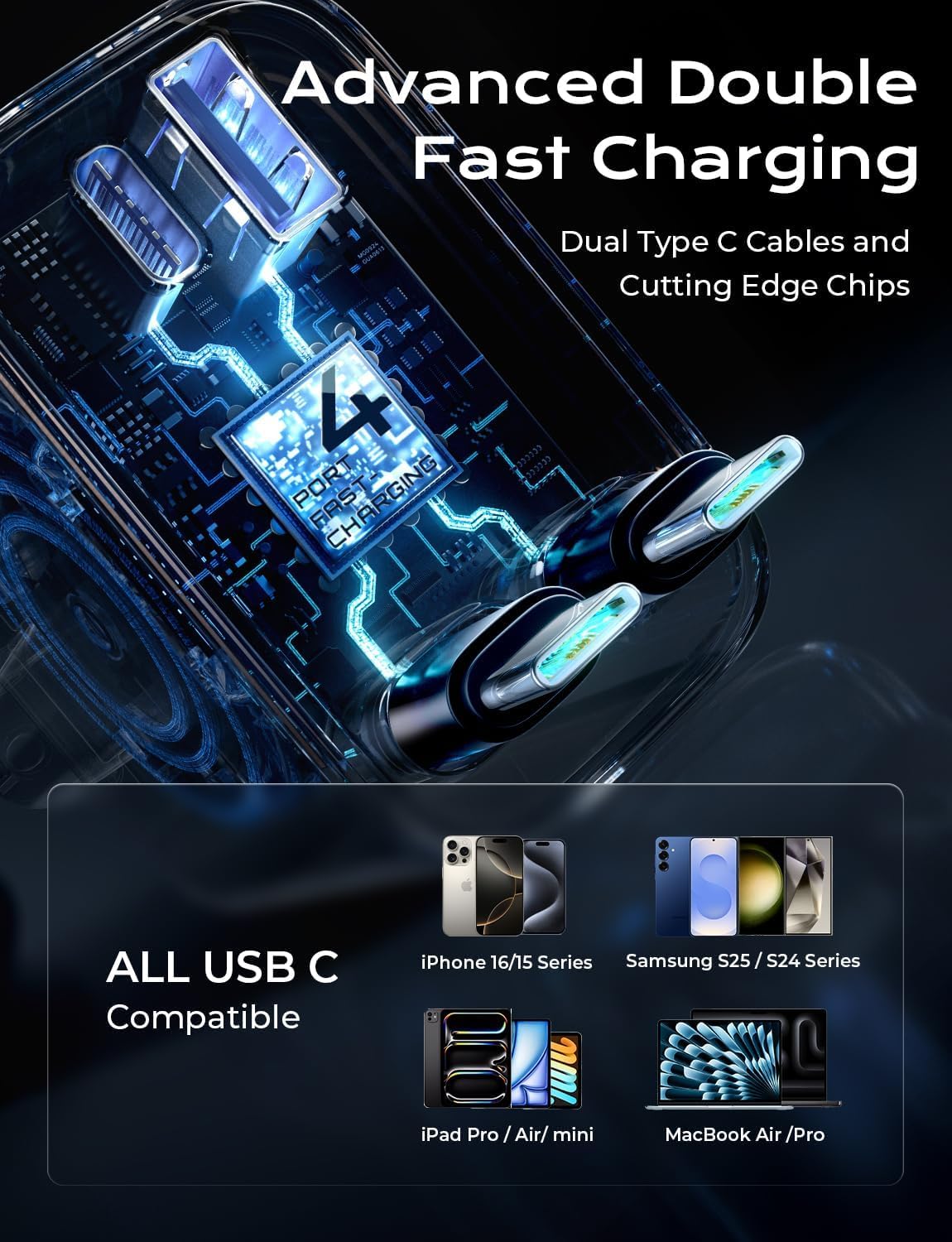 LISEN Retractable Car Charger, 84W Car Charger USB C Fast Charge,4 in 1