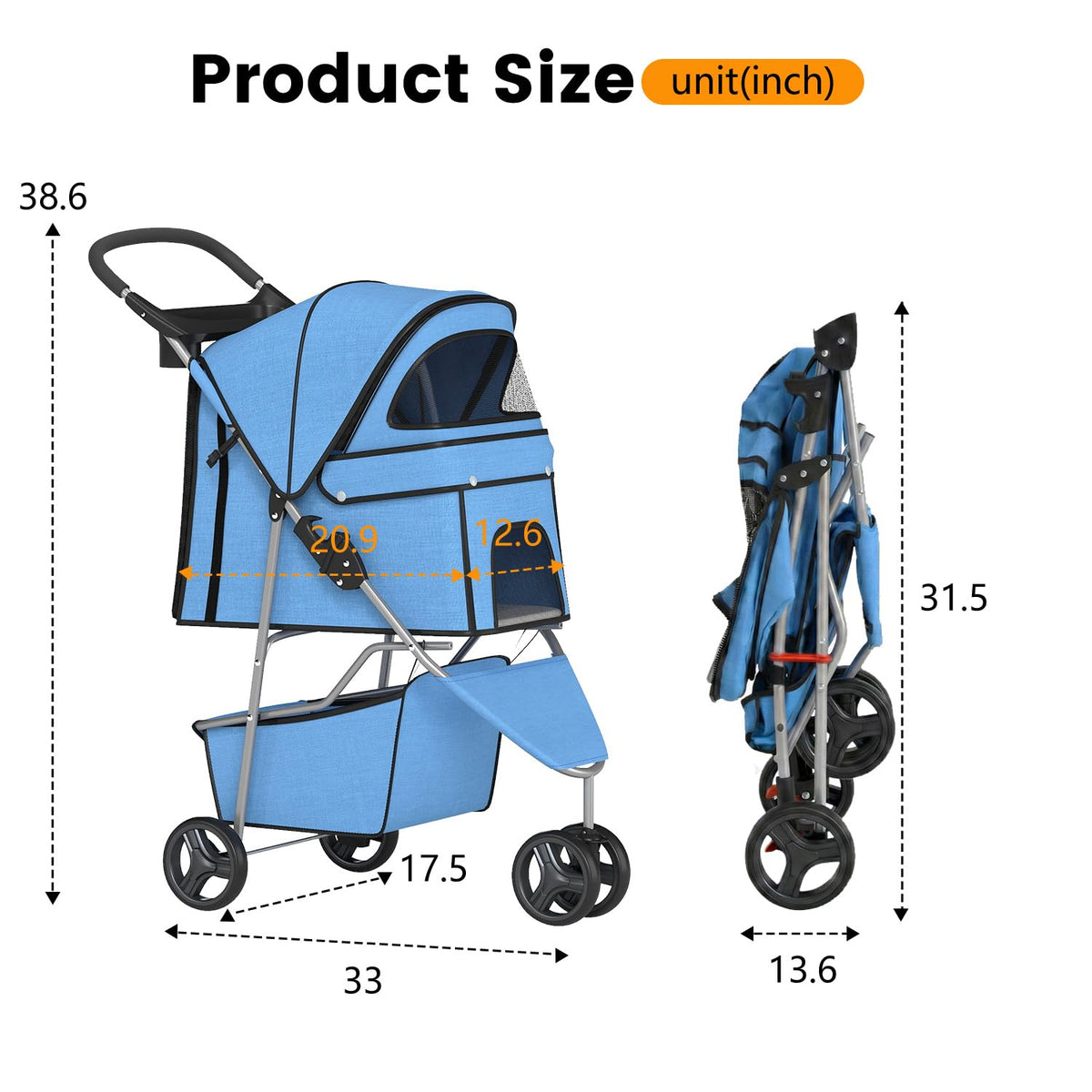 BestPet | 3-Wheel Pet Stroller | Dog and Cat Stroller | Breathable Mesh | Lightweight Travel Carrier | Waterproof & Foldable Design | Storage Basket | Black | for Daily Walks & Outdoor Use