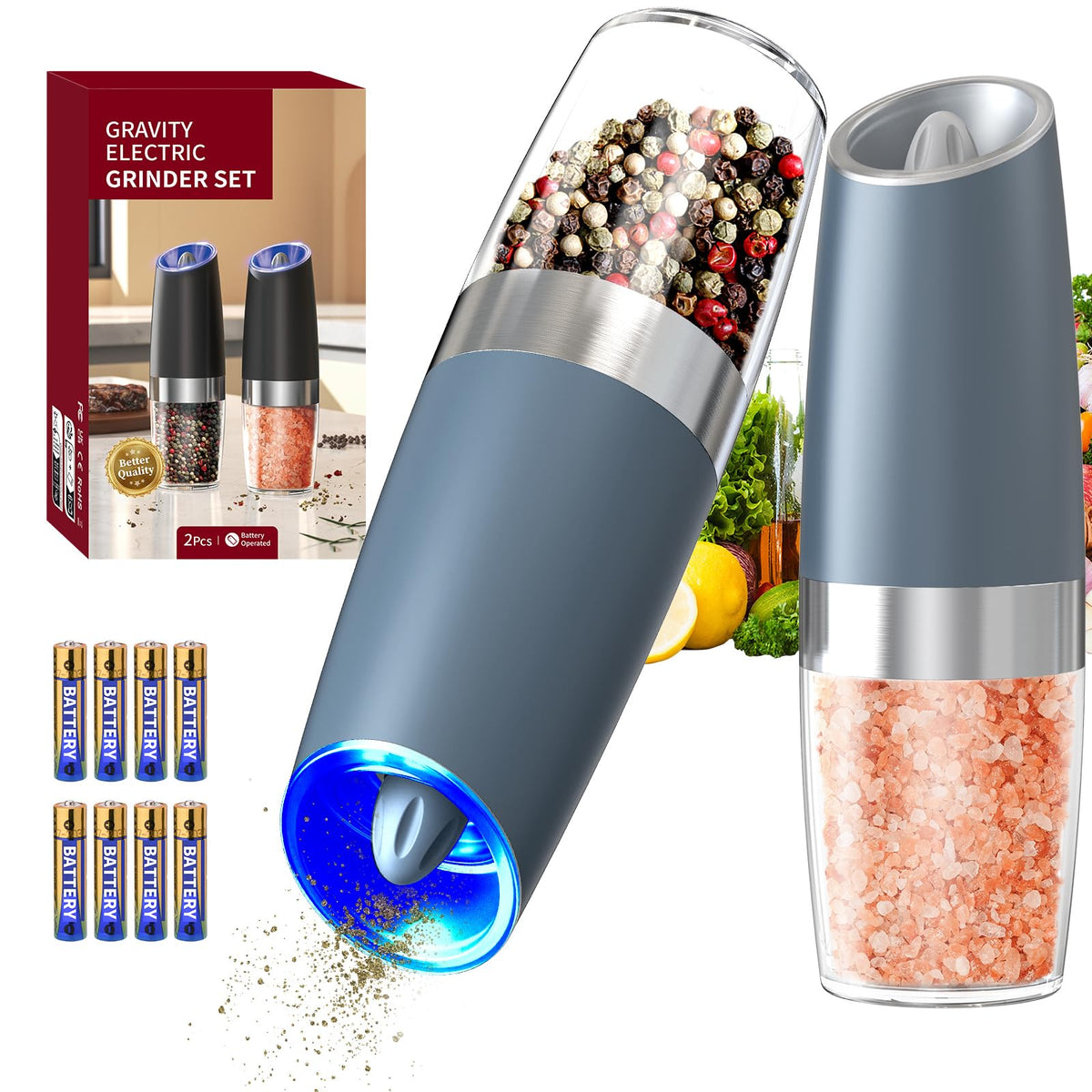 CIRCLE JOY Rechargeable Salt and Pepper Grinder Set Gravity Electric Salt and Pepper Grinder Set, LED Light, Adjustable Coarseness, for Home Kitchen BBQ, Black & White