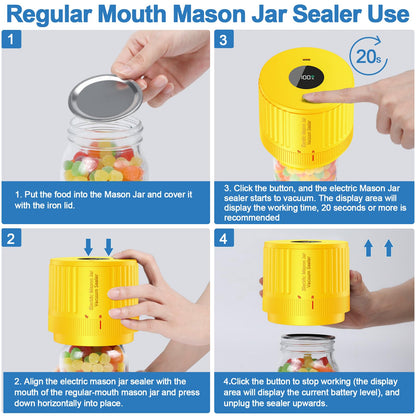 Mason Jar Vacuum Sealer Kit, Electric One Touch Auto Stop