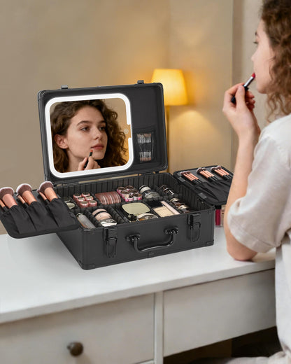 Makeup Train Case with LED Mirror, Rechargeable Travel Makeup Bag