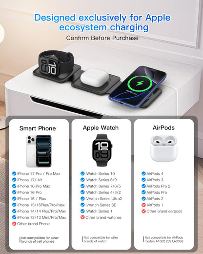 3 in 1 Charging Station, Foldable Magnetic Wireless Charger for iPhone & Watch