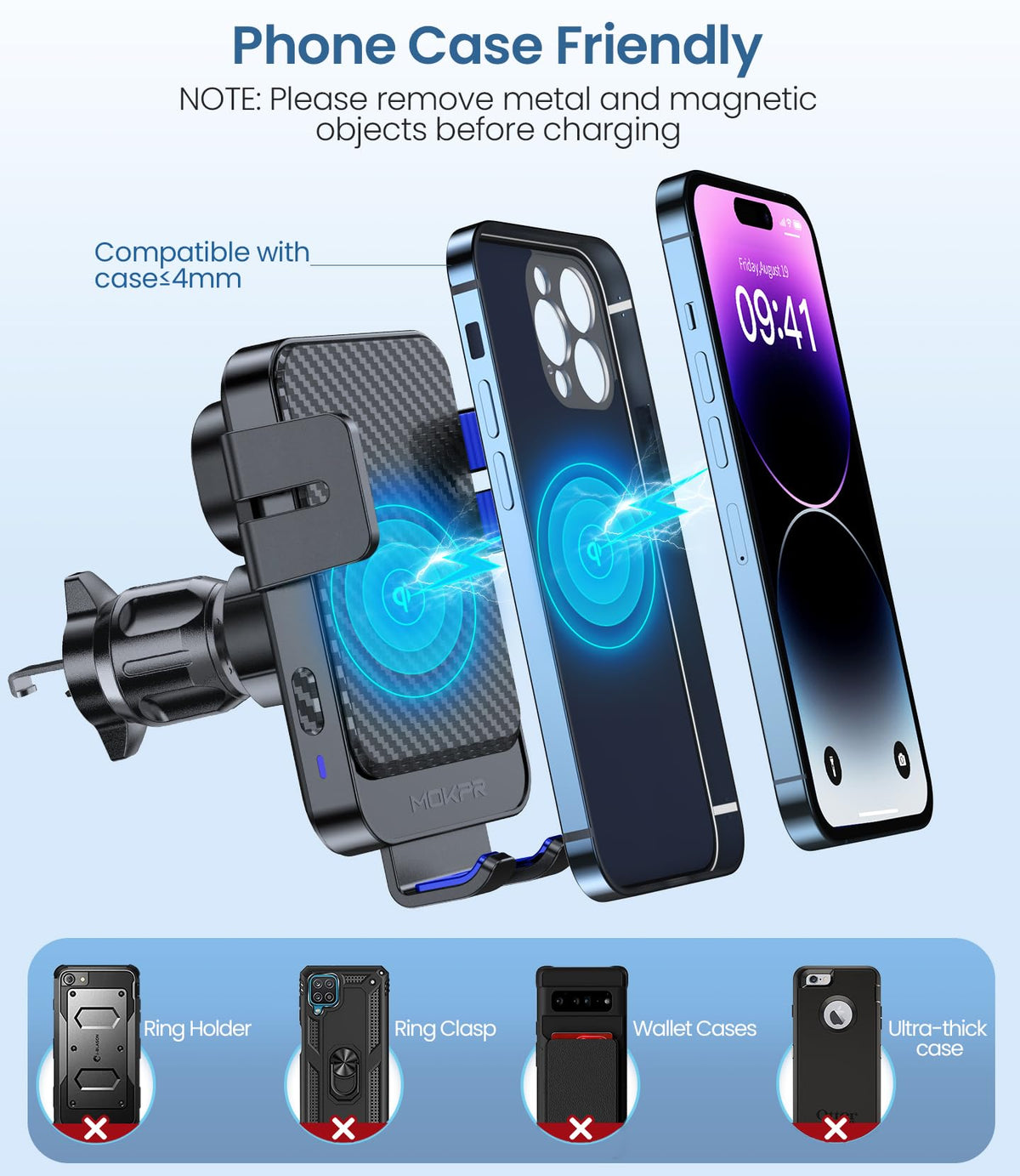 Wireless Car Charger 15W Fast Charging Dash Windshield Vent Car Mount