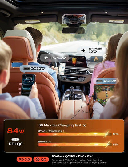 LISEN Retractable Car Charger, 84W Car Charger USB C Fast Charge,4 in 1