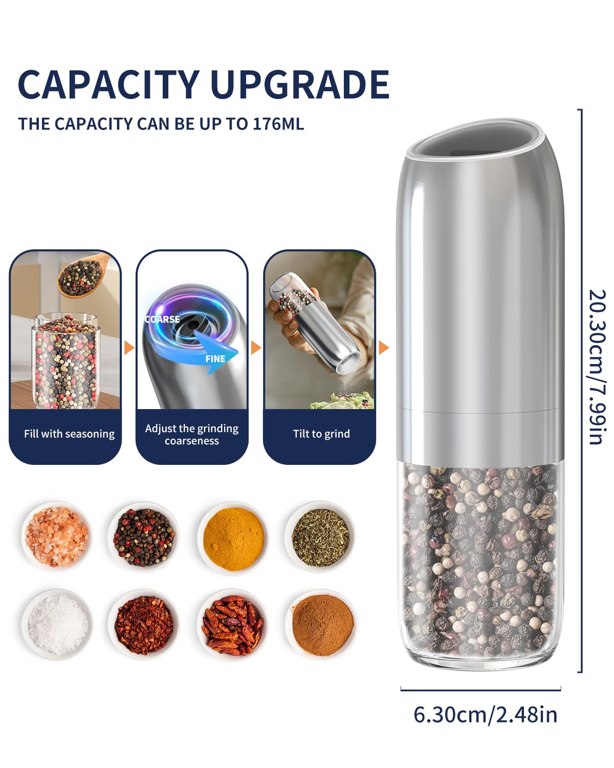 Electric Salt and Pepper Grinder Set, Gravity Rechargeable with LED
