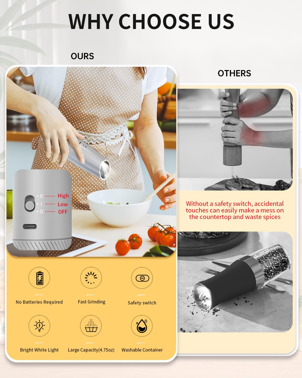 Electric Salt and Pepper Grinder Set, Gravity Rechargeable with LED