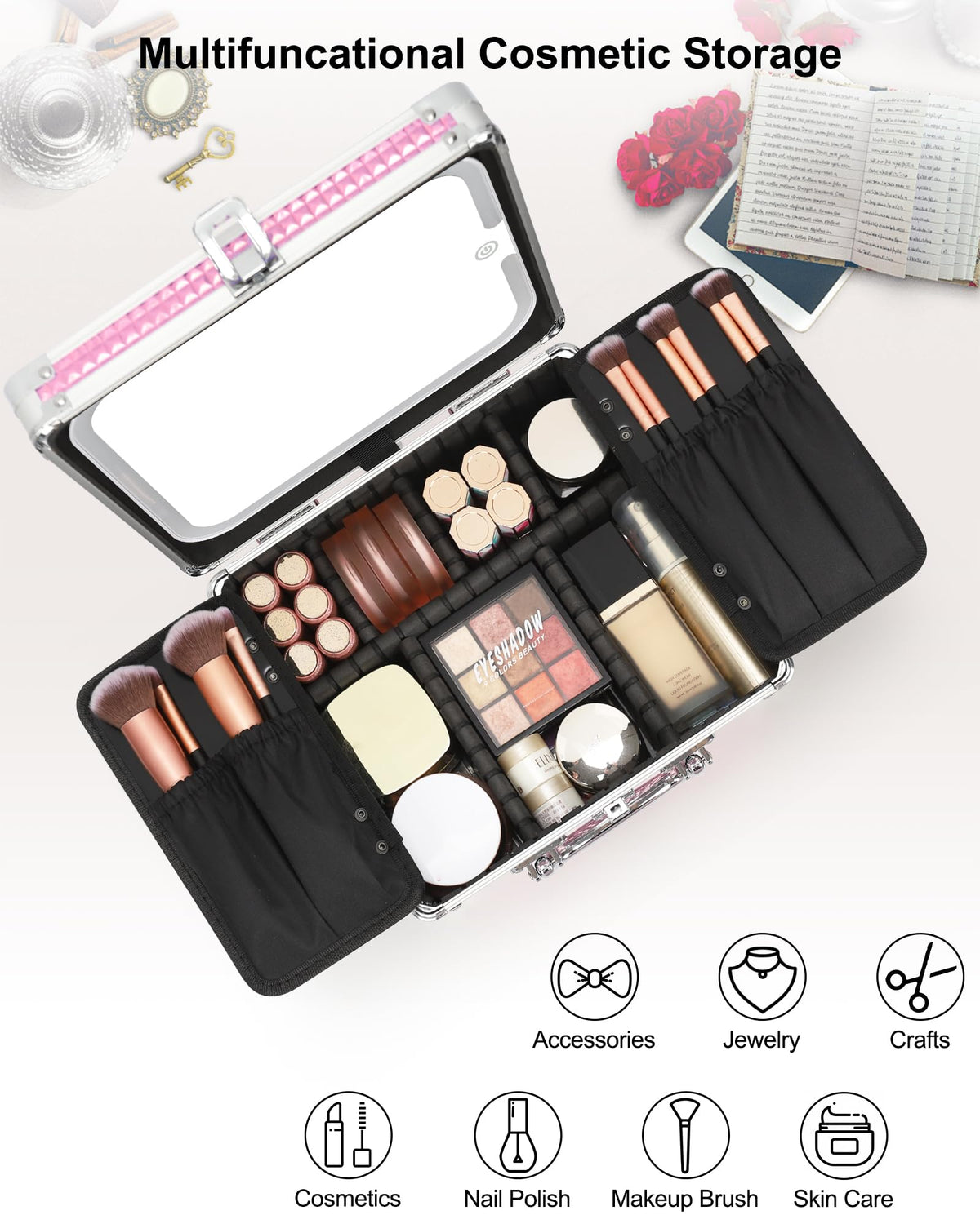 Relavel Makeup Bag with LED Mirror, Makeup Box Travel Train Case with Rechargeable Lighted Mirror & Adjustable Dividers, Cosmetic Brush Organizer Storage for Makeup Artists Gifts for Women and Girls
