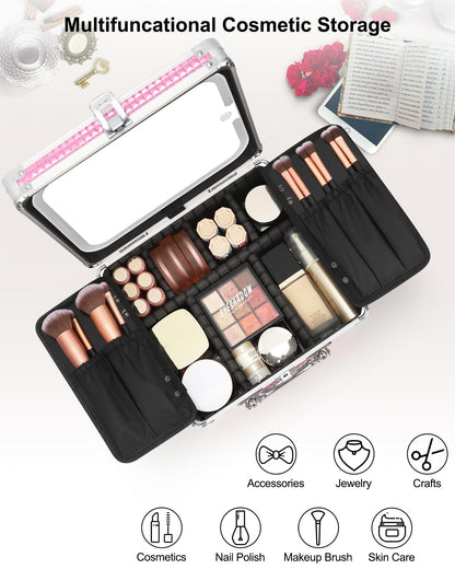 Makeup Train Case with LED Mirror, Rechargeable Travel Makeup Bag