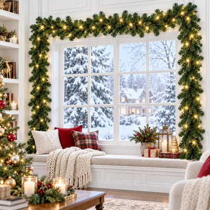 Christmas Garland with Lights 9ft, Prelit for Mantle, Stairs & Door