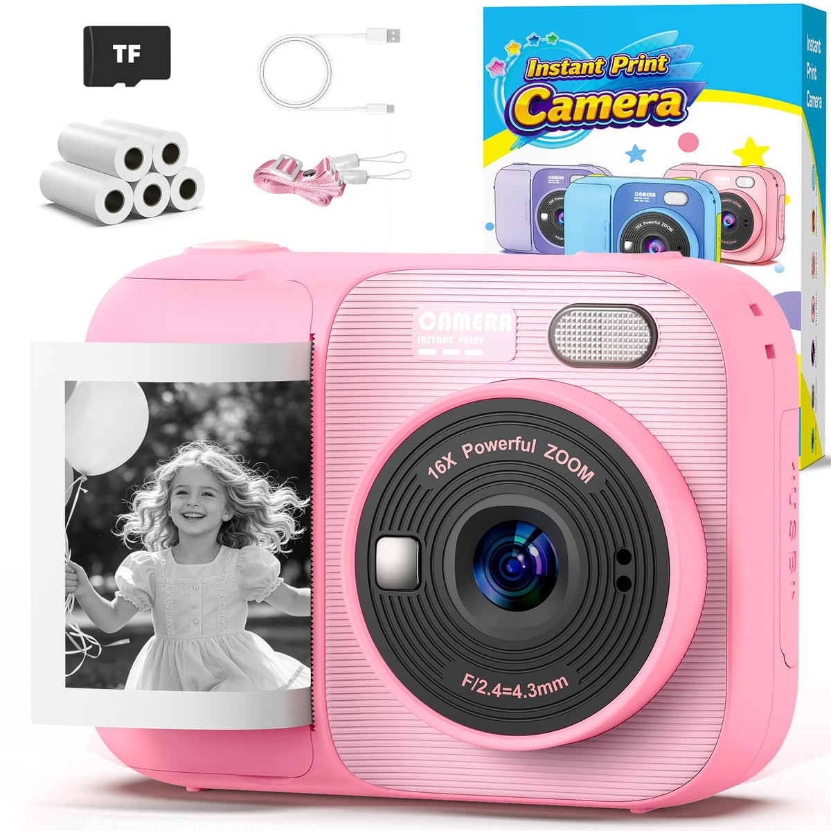 Kids Instant Print Camera with 5 Rolls Print Paper, 1080P HD Camera, Rechargeable Portable Toddler Selfie Camera, Christmas Birthday Gifts Toys for Boys Girls Age 3-12 (Red & Blue)