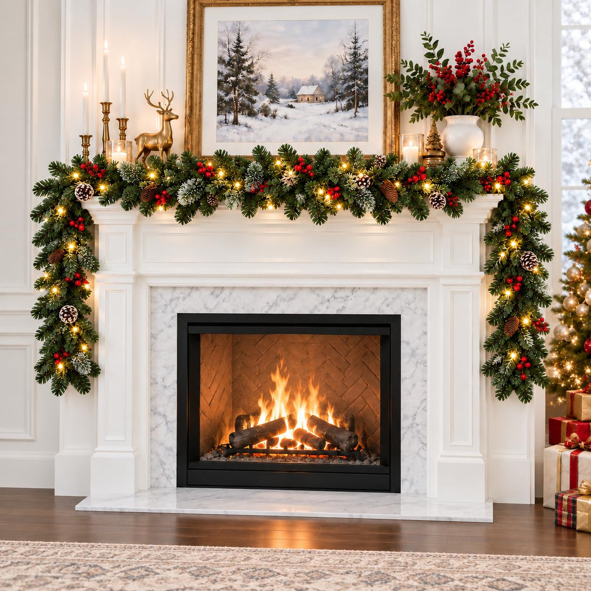 Christmas Garland with Lights 9ft, Prelit for Mantle, Stairs & Door