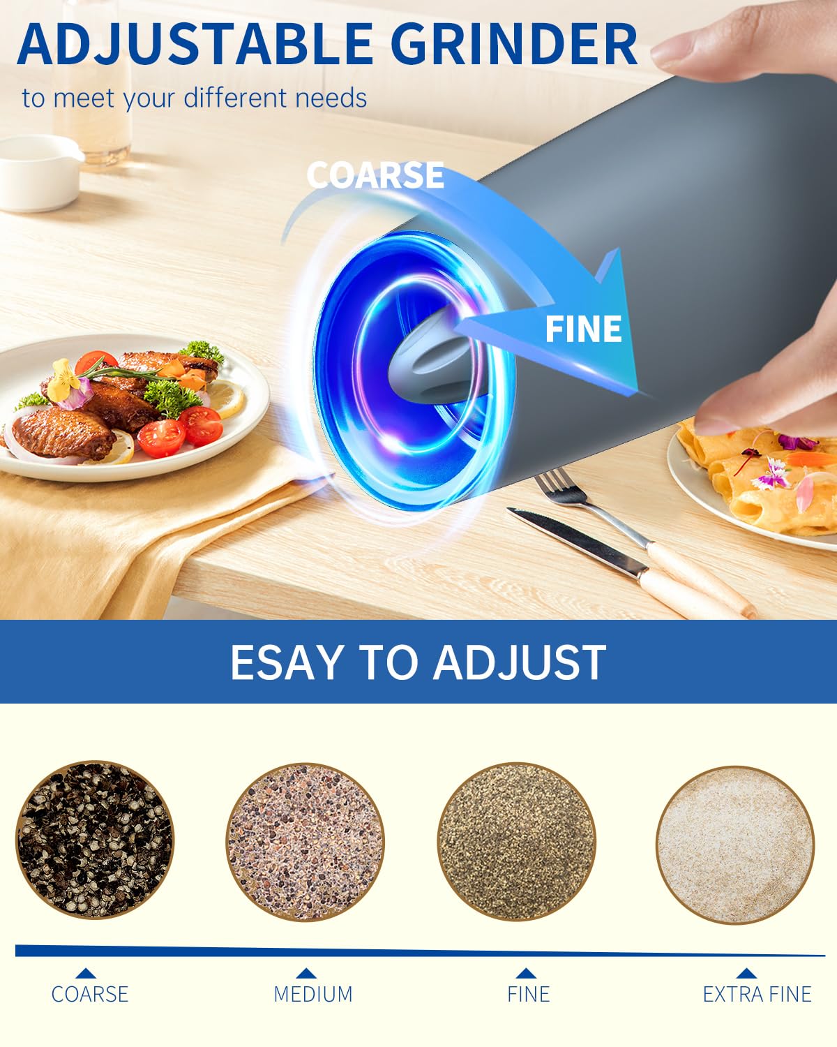 Electric Salt and Pepper Grinder Set, Gravity Rechargeable with LED