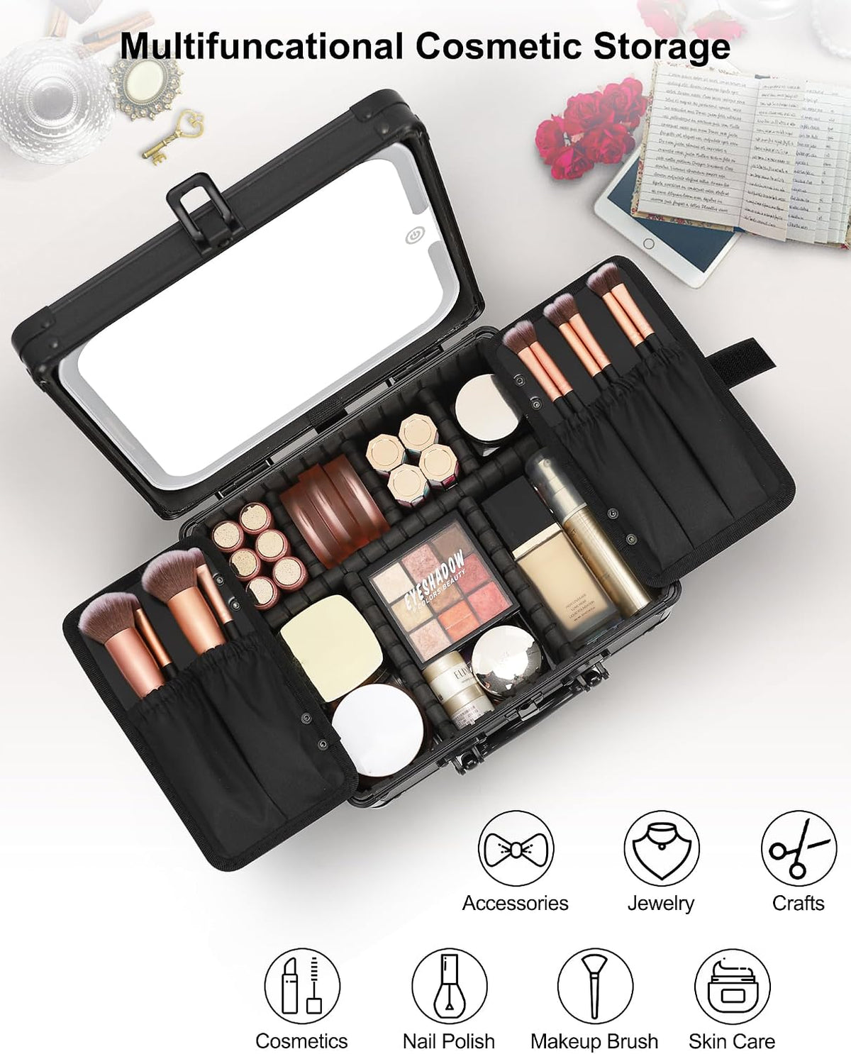 Makeup Train Case with LED Mirror, Rechargeable Travel Makeup Bag