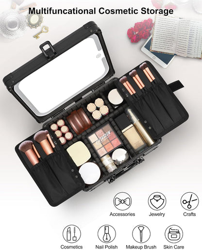 Makeup Train Case with LED Mirror, Rechargeable Travel Makeup Bag