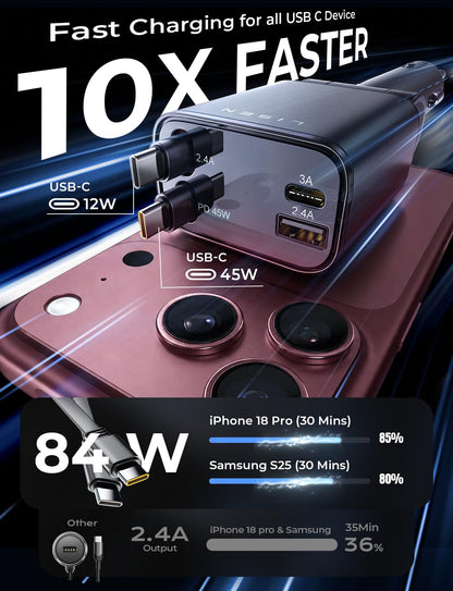 LISEN Retractable Car Charger, 84W Car Charger USB C Fast Charge,4 in 1