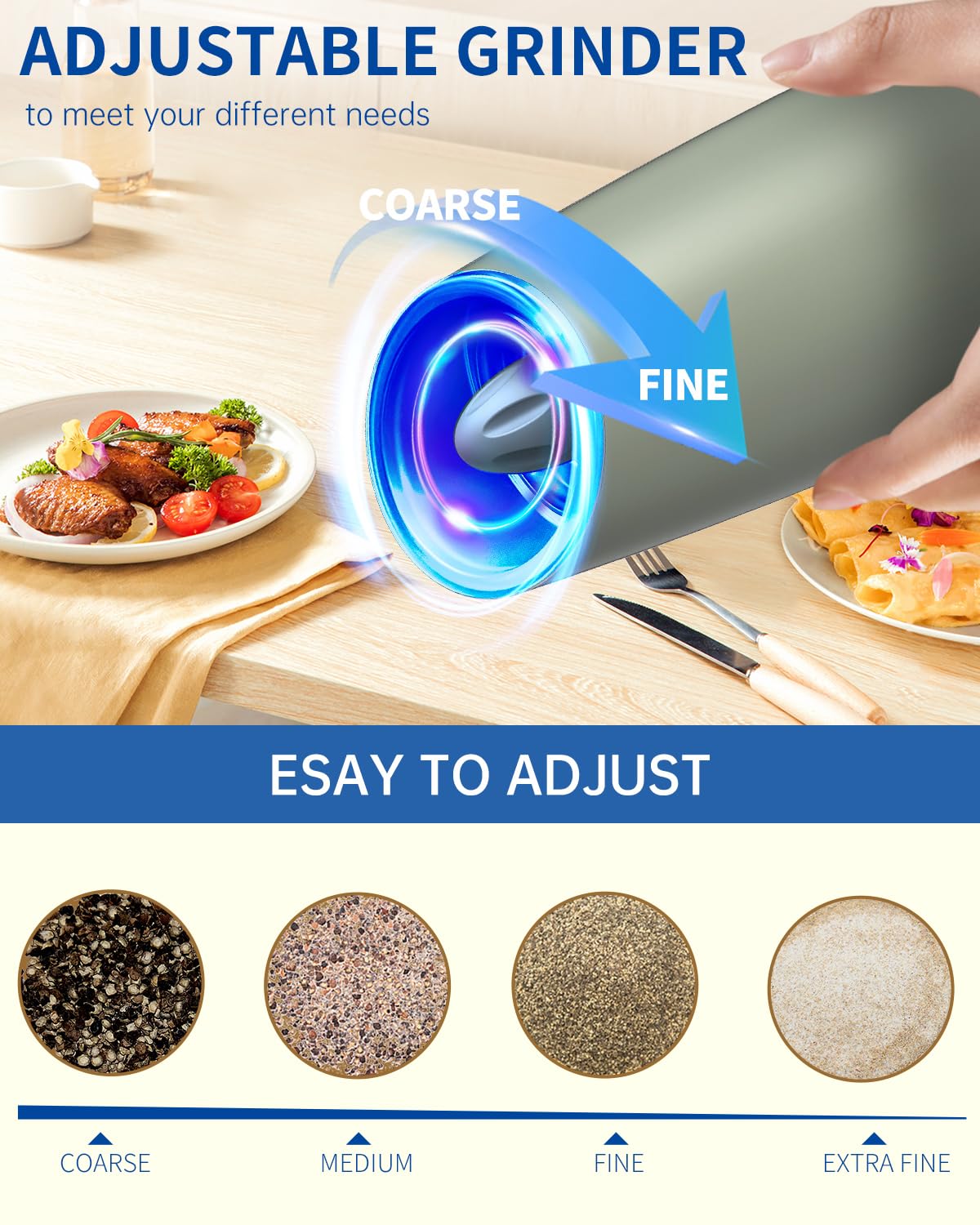 Electric Salt and Pepper Grinder Set, Gravity Rechargeable with LED
