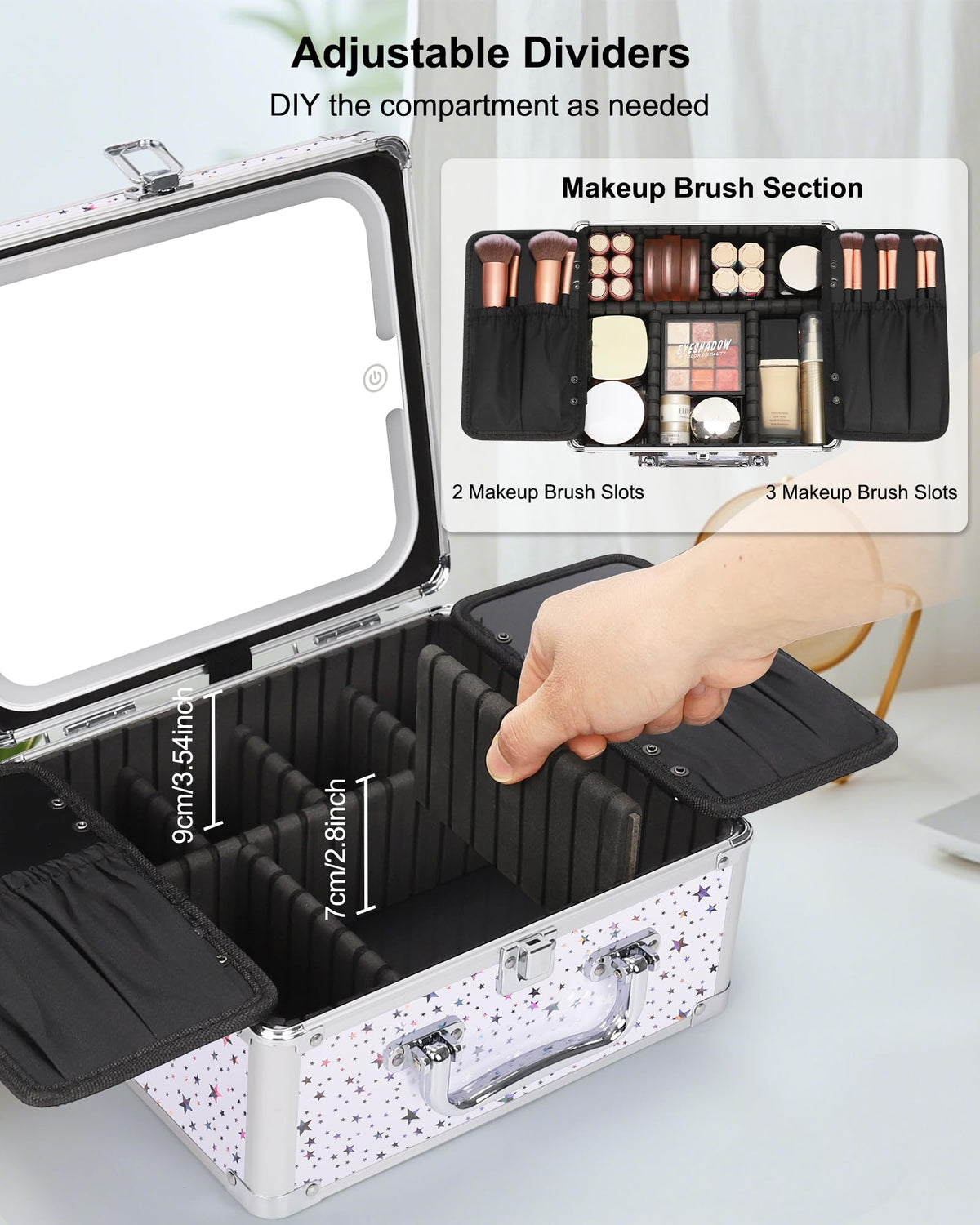 Relavel Makeup Bag with LED Mirror, Makeup Box Travel Train Case with Rechargeable Lighted Mirror & Adjustable Dividers, Cosmetic Brush Organizer Storage for Makeup Artists Gifts for Women and Girls