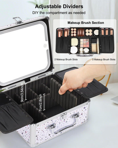 Makeup Train Case with LED Mirror, Rechargeable Travel Makeup Bag